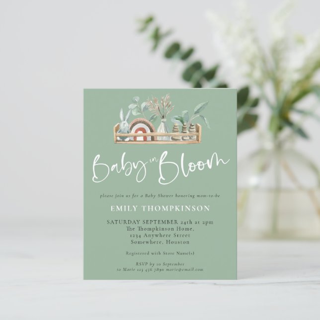 Budget Baby In Bloom Boho Sage Baby shower Invitat (Debout devant)
