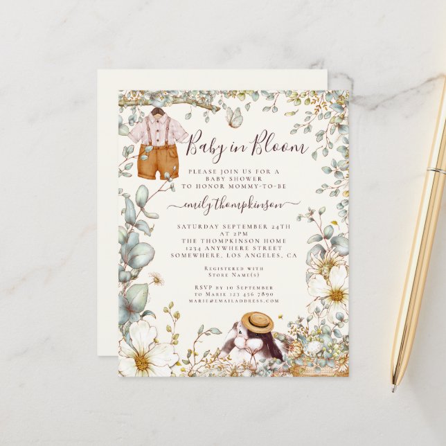 Budget Baby in Bloom Boy Shower Cream Invitation (Devant/Arrière en situation)