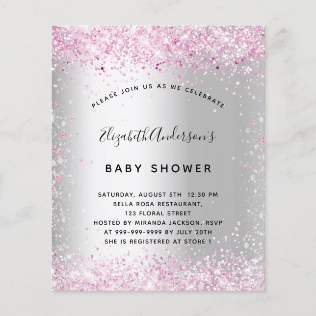 Budget baby shower argent rose fille invitation (Devant)