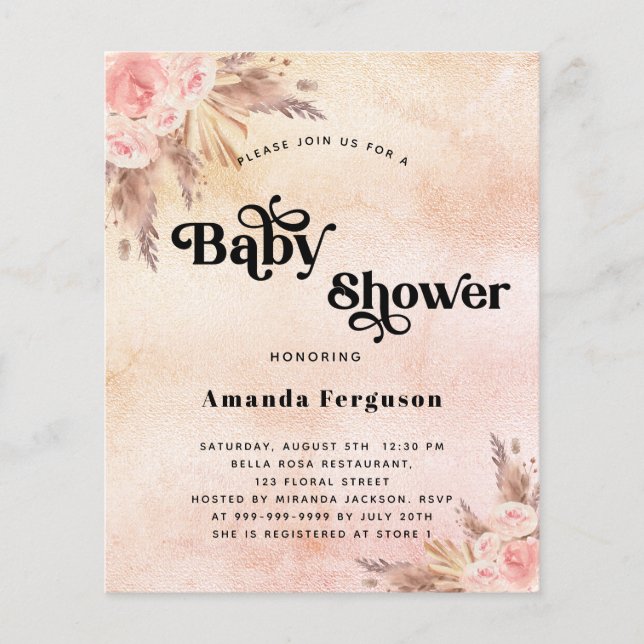Budget Baby shower pampas invitation rose pâle (Devant)