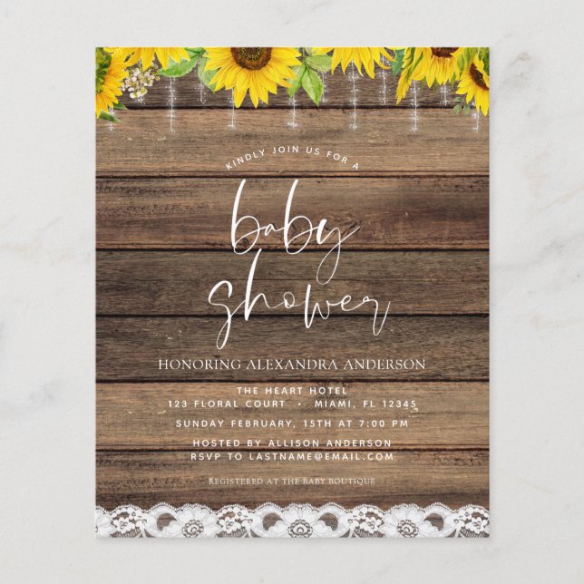 Budget Baby Shower Rustic Sunflower Invitation (Devant)