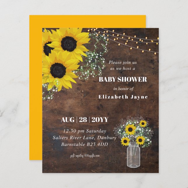 BUDGET Baby shower rustique tournesol Invitation (Devant / Derrière)