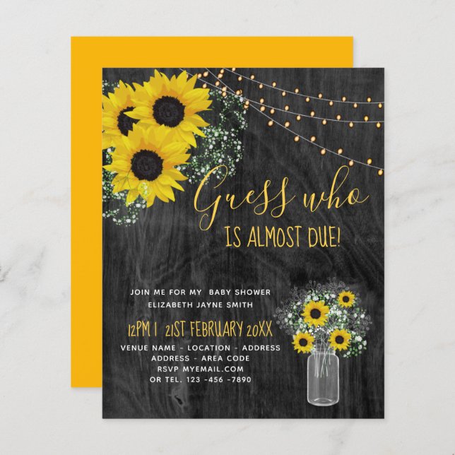 BUDGET Baby shower rustique tournesol Invitation (Devant / Derrière)