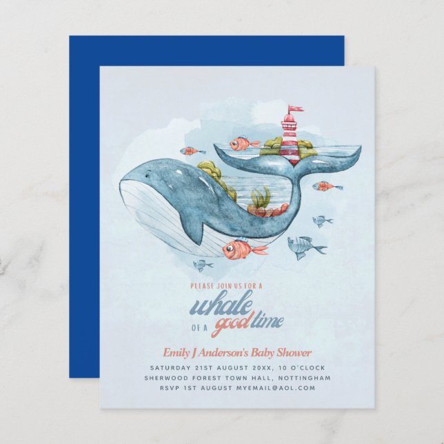 BUDGET Baby shower Sea Life Whale Boys Invitation  (Devant / Derrière)