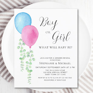 Budget Ballons bleu rose Invitation de déclaration