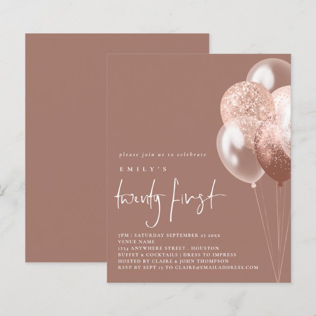 Budget Ballons Script Rose Gold 21st Party Invitat (Devant / Derrière)