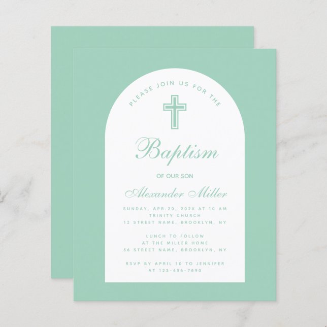 Budget Baptême Arc Mint Christening Invitation (Devant / Derrière)