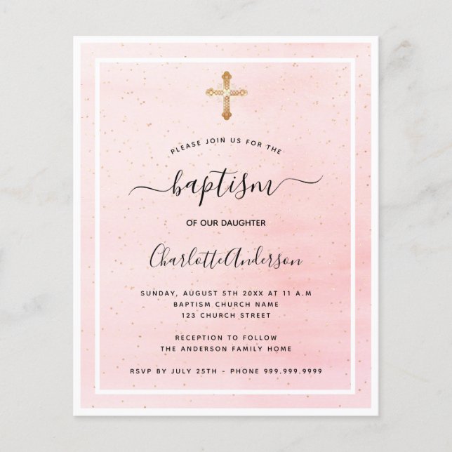 Budget baptême blush rose or fille invitation (Devant)