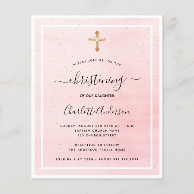 Budget baptême blush rose or fille invitation (Devant)