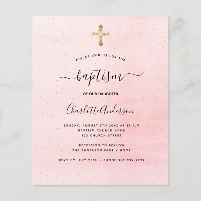 Budget baptême blush rose or fille invitation (Devant)