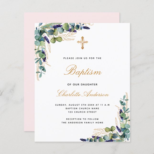 Budget Baptême eucalyptus invitation verte rose (Devant / Derrière)