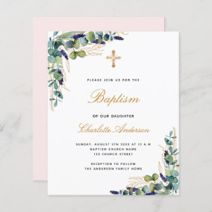 Budget Baptême eucalyptus invitation verte rose