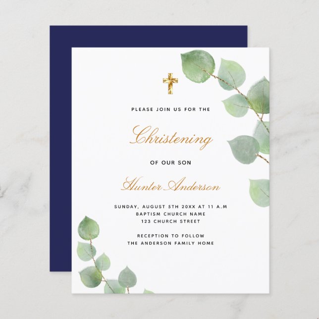 Budget baptême eucalyptus or bleu invitation (Devant / Derrière)