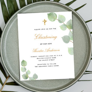 Budget baptême eucalyptus or bleu invitation