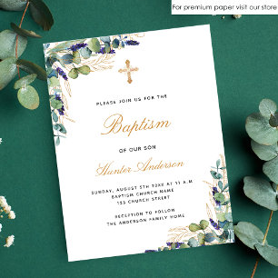 Budget Baptême eucalyptus vert invitation bleue