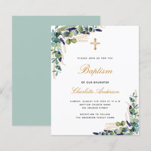 Budget Baptême eucalyptus vert invitation or