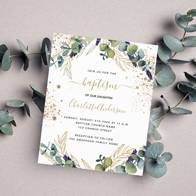 Budget baptême eucalyptus vert invitation or (Créateur téléchargé)
