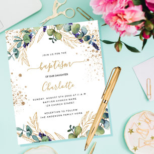 Budget baptême eucalyptus vert invitation or