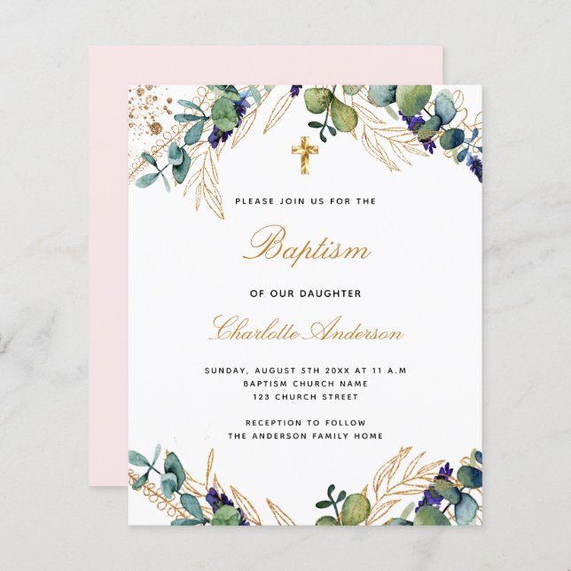 Budget baptême eucalyptus vert invitation rose (Devant / Derrière)
