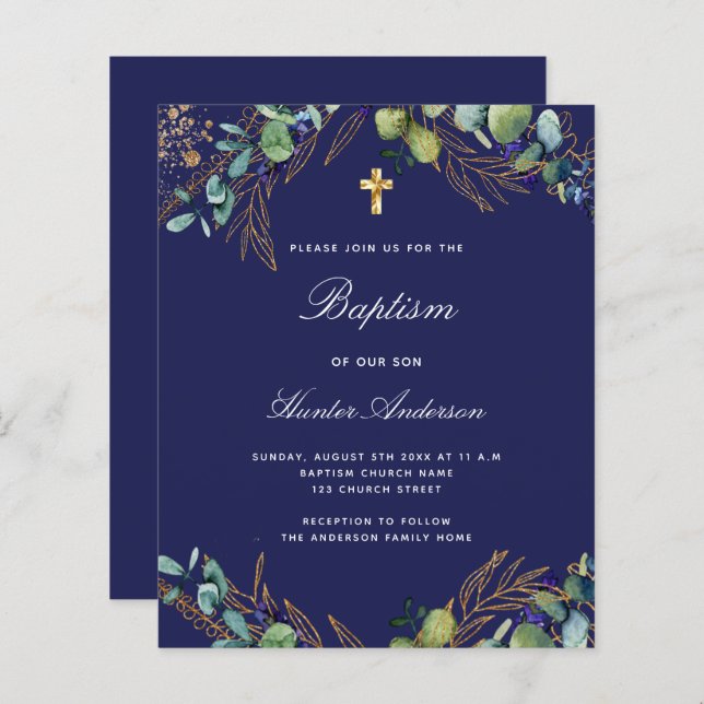 Budget baptême marine bleu eucalyptus invitation (Devant / Derrière)