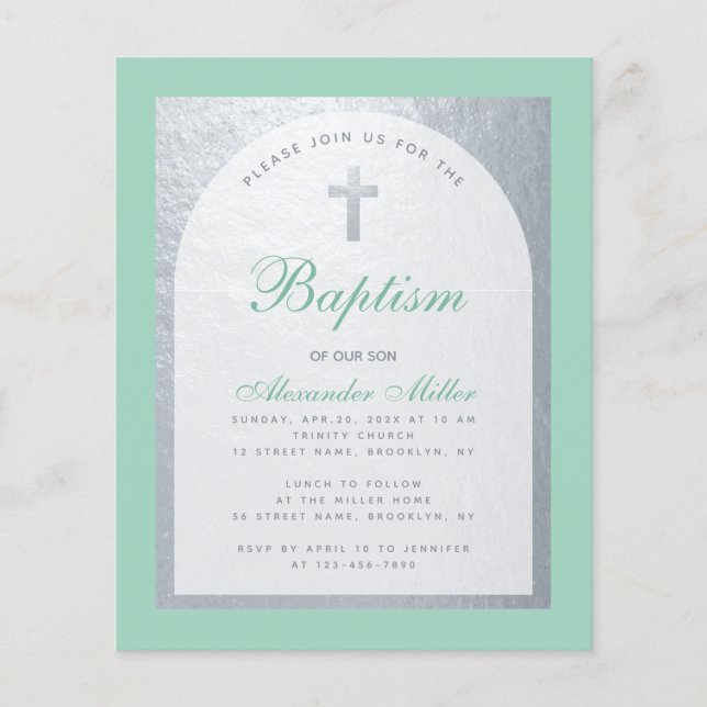 Budget Baptême Monnaie Vert Faux Argent Invitation (Devant)