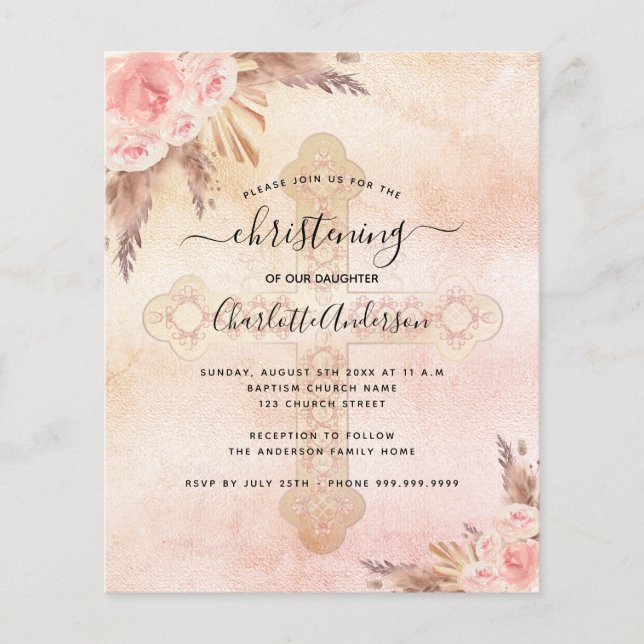 Budget baptême pampas blush invitation croix (Devant)
