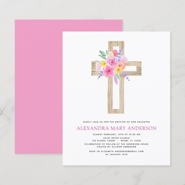 Budget Baptême Pastel Floral Rose Croix (Devant / Derrière)