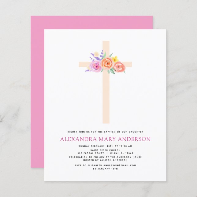 Budget Baptême Pastel Floral Rose Croix (Devant / Derrière)