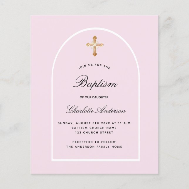 Budget baptême rose petite fille invitation arc (Devant)