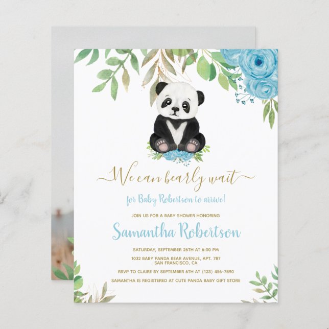 Budget Bear Baby shower Bleu Photo Invitation (Devant / Derrière)