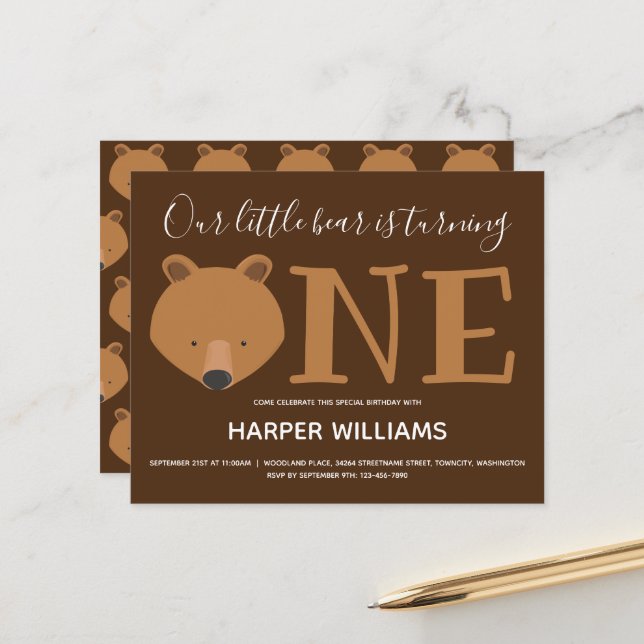 Budget Bear One Baby First Birthday Invitation (Devant/Arrière en situation)