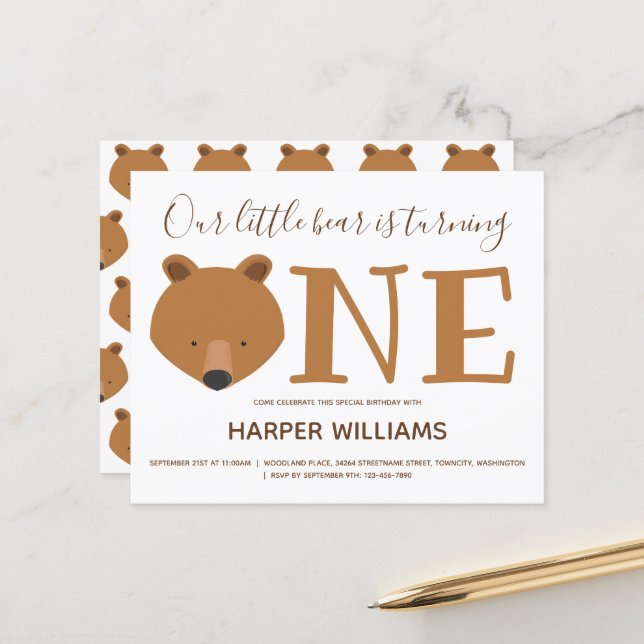 Budget Bear One Baby First Birthday Invitation (Devant/Arrière en situation)