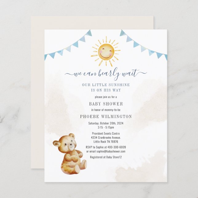 Budget Bear Sunshine Boys Baby shower Invitation (Devant / Derrière)