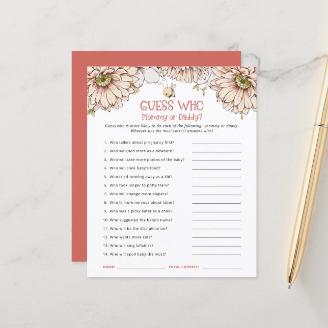 Budget Bee Devine Qui maman ou papa Baby shower je (Devant/Arrière en situation)