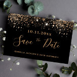 Budget Birthday black gold glitter save the date<br><div class="desc">A girly and trendy Save the Date card for a 40th (or any age) birthday party. A black background decorated with faux gold glitter. Templates for a date and name and text.  Golden colored letters.  The text: Save the Date is written with a large trendy hand lettered style script.</div>