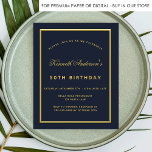 Budget birthday blue gold classic invitation<br><div class="desc">A dark blue background,  a decorated with a faux gold frame.  Personalize and add a name and party details. The name is written with an elegant hand lettered style script. 
Back: blue background.</div>