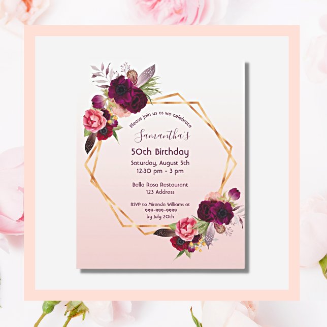 Budget Birthday florals rose or invitation (Créateur téléchargé)