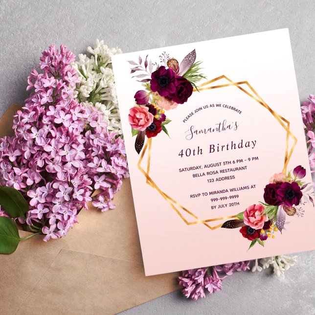 Budget Birthday florals rose or invitation (Créateur téléchargé)