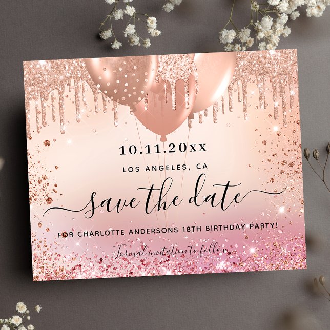 Budget birthday party pink rose gold save the date (Créateur téléchargé)