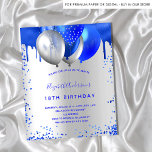 Budget birthday royal blue silver invitation<br><div class="desc">A girly and feminine 18th (or any age) birthday party invitation. On front: A faux silver background. Decorated with royal blue faux glitter drips,  paint dripping look and balloons. Personalize and add a name and party details. The name is written with a hand lettered style script.</div>