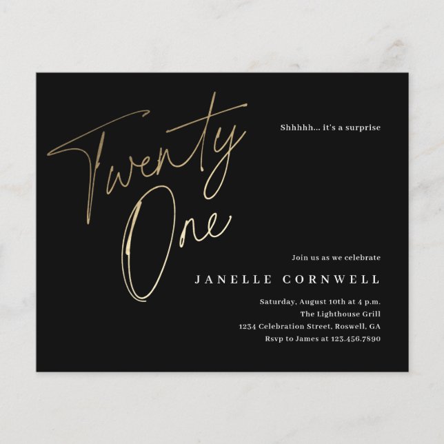 Budget Black and Gold 21st Birthday Invitation (Devant)