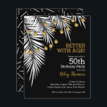 Budget Black and Gold 50th Birthday Invitations<br><div class="desc">Les invitations à la fête d'anniversaire pour n'importe quel âge comprennent des cordes de lumières sur les frondes de palmier blanc sur le noir, ces invitations à la fête d'anniversaire abordables sont imprimées sur votre choix de 3 tailles de papier de carton blanc brillant semi-brillant de 110 livres. (Nous ne...</div>