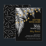 Budget Black and Gold 50th Birthday Invitations<br><div class="desc">Les invitations à la fête d'anniversaire pour n'importe quel âge comprennent des cordes de lumières sur les frondes de palmier blanc sur le noir, ces invitations à la fête d'anniversaire abordables sont imprimées sur votre choix de 3 tailles de papier de carton blanc brillant semi-brillant de 110 livres. (Nous ne...</div>