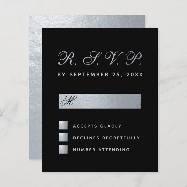 Budget Black Faux Silver Calligraphie Mariage RSVP (Devant / Derrière)
