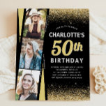 Budget Black Gold 3 Photo Film Parties scintillant<br><div class="desc">Glam moderne Parties scintillant en or noir étincelle Élégant Script Calligraphie 3 Film photo Hollywood Glamor N'importe quel âge Anniversaire Invitation</div>