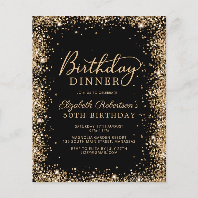 Budget Black Gold 50th Birthday Dinner Invitation (Devant)