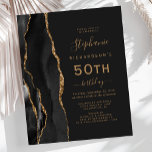 Budget Black Gold Agate Fête 50 ans<br><div class="desc">Le bord gauche de cette élégante invitation moderne pour une fête de 50 ans présente une bordure d'agate aquarelle noire rehaussée de fausse brillance dorée. Le texte personnalisable combine des polices d'écriture manuscrite dorée, copperplate et italique sur un fond noir ardoise. Le verso présente un design d'agate noir et or...</div>
