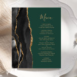 Budget Black Gold Agate Green Mariage Menu<br><div class="desc">Le bord gauche de cet élégant menu mariage moderne comporte une bordure en aquarelle noire ornée d'une parties scintillant en faux or. Le texte personnalisable combine écriture manuscrite couleur or et polices de cuivre sur un arrière - plan vert émeraude foncé. L'envers est assorti d'un design d'agate noir et or....</div>