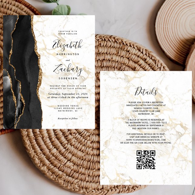 Budget Black Gold Agate Marble QR Code Wedding (Créateur téléchargé)