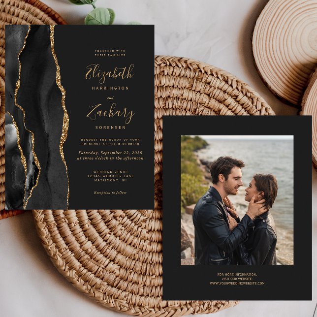 Budget Black Gold Agate Photo Dark Wedding Invitat (Créateur téléchargé)